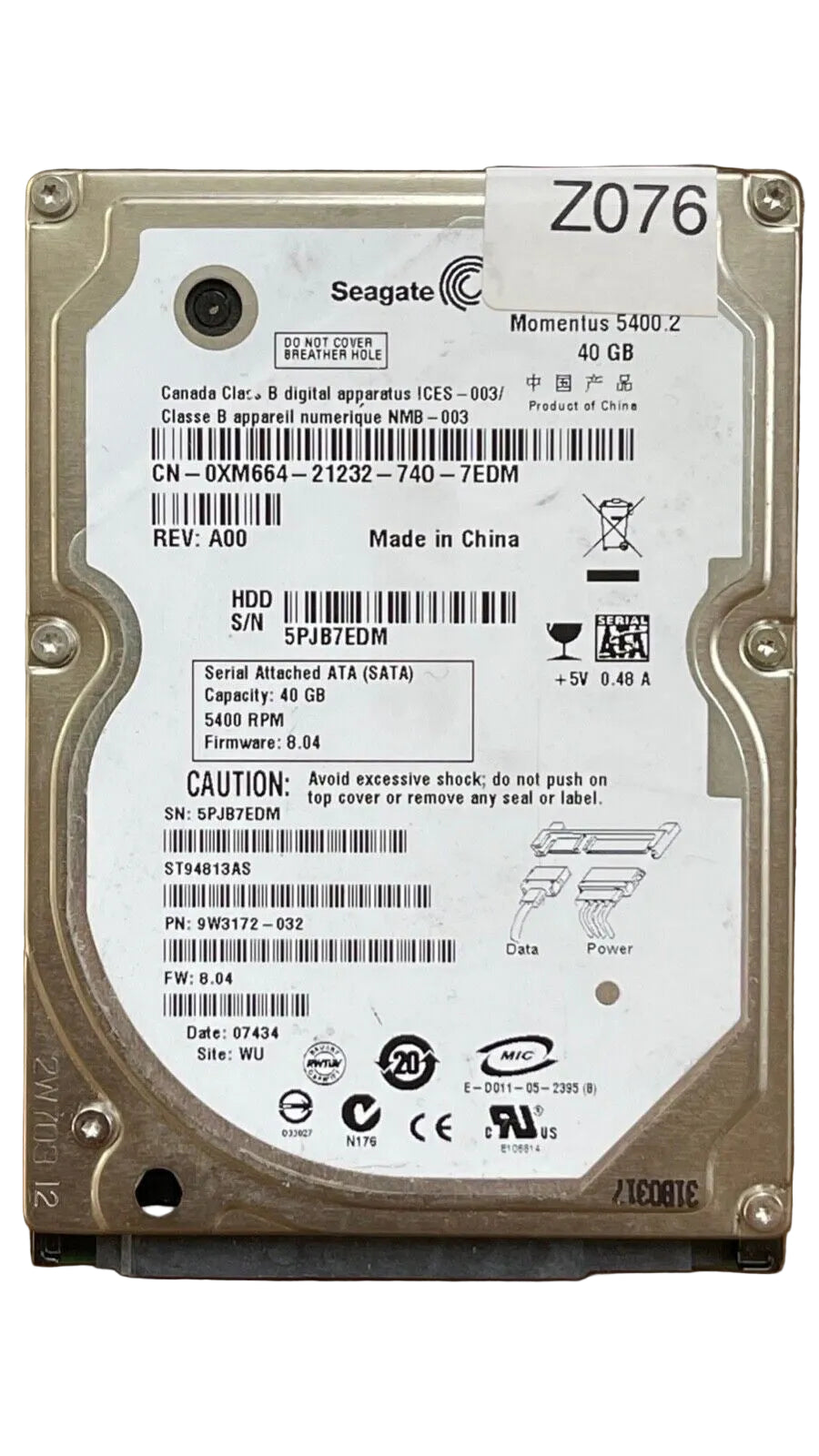 ST94813AS – 100349359 Rev F – S/N: 5PJB7EDM – P/N: 9W3172-032 – F/W: 8.04 – Site: WU – Date: 07434 – 40GB – 2.5" – SATA