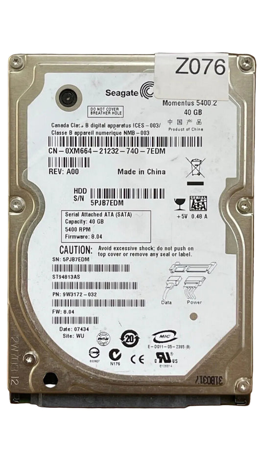 ST94813AS – 100349359 Rev F – S/N: 5PJB7EDM – P/N: 9W3172-032 – F/W: 8.04 – Site: WU – Date: 07434 – 40GB – 2.5" – SATA