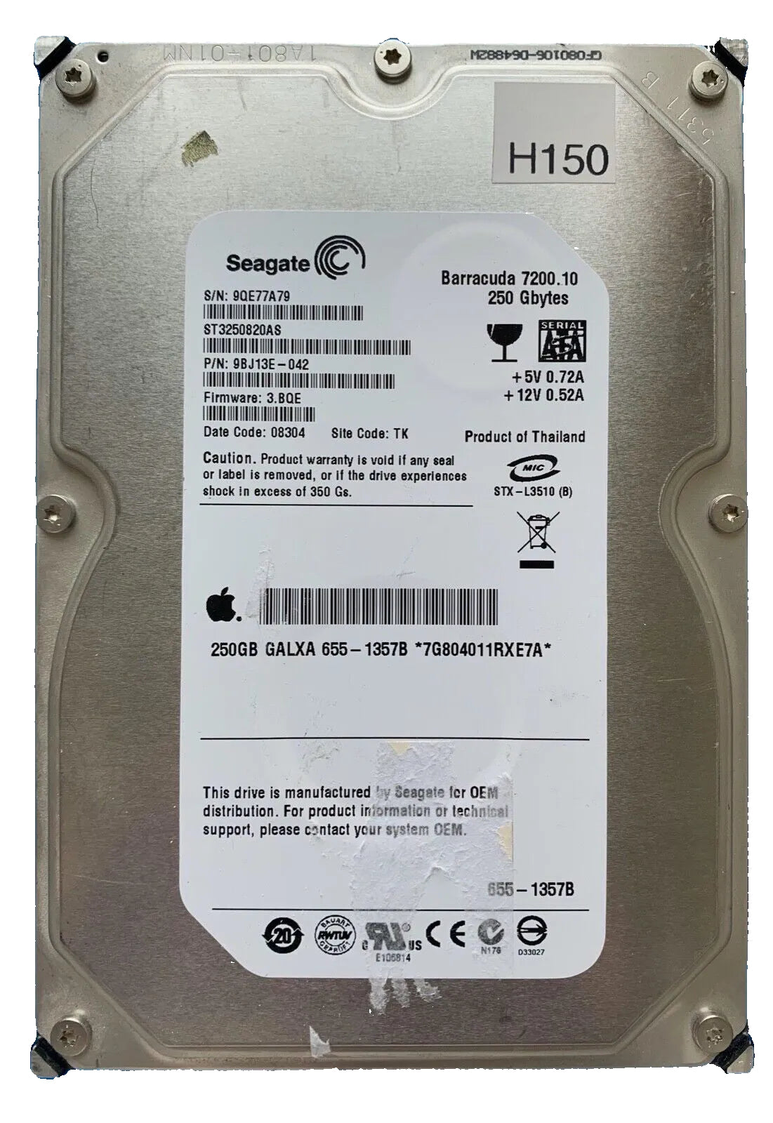 ST3250820AS – 100436209 Rev A – S/N: 9QE77A79 – P/N: 9BJ13E-042 – F/W: 3.BQE – Site: TK – Date: 08304 – 250GB – 3.5" – SATA