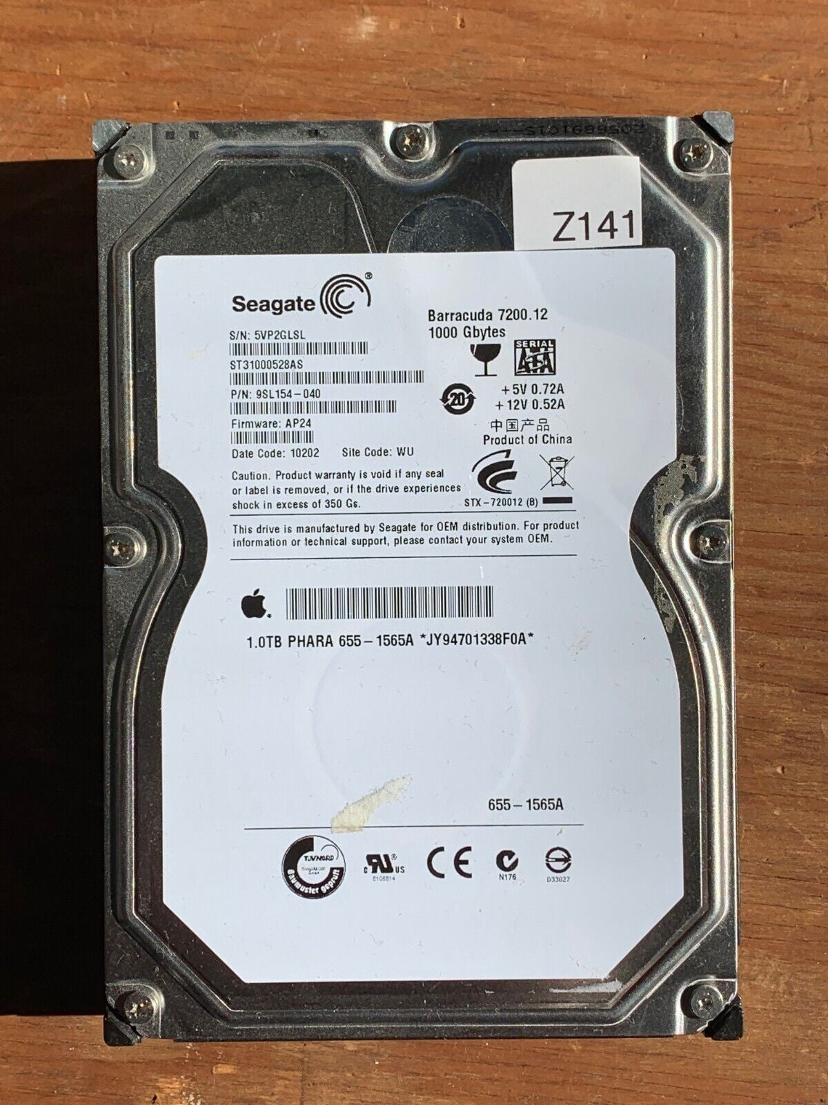 ST31000528AS – 100535537 REV A – S/N: 5VP2GLSL – P/N: 9SL154-040 – F/W: AP24 – Site: WU – Date: 10202 – 1TB – 3.5" – SATA