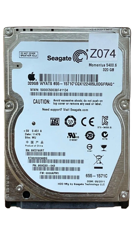 ST9320325ASG – 100579506 Rev B – S/N: 5VD790RT – P/N: 9KAG33-043 – F/W: 0009APM1 – Site: WU – Date: 11475 – 320GB – 2.5" – SATA