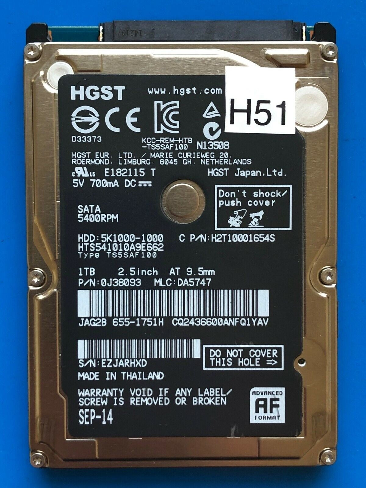 HTS541010A9E682 – 0J24275 DA5092 – HDD:5K1000-1000 – TS5SAF100 – DA5747 – P/N: 0J38093 – 1TB – 2.5" – SATA