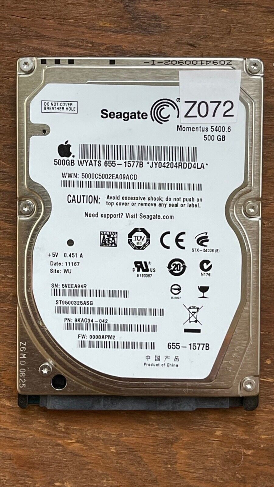 ST9500325ASG – S/N: 5VEEA94R – P/N: 9KAG34-042 – F/W: 0008APM2 – Site: WU – Date: 11167 – 500GB – 2.5" – SATA