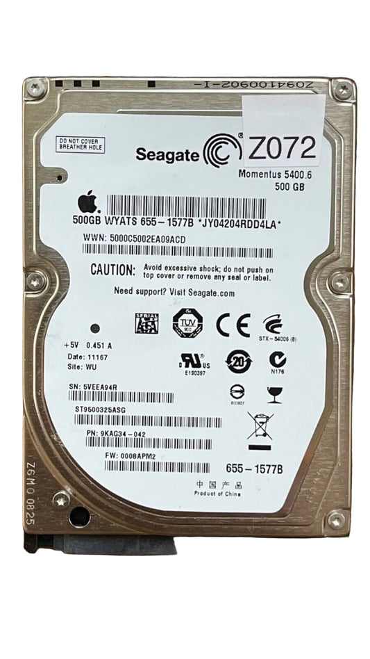 ST9500325ASG – S/N: 5VEEA94R – P/N: 9KAG34-042 – F/W: 0008APM2 – Site: WU – Date: 11167 – 500GB – 2.5" – SATA