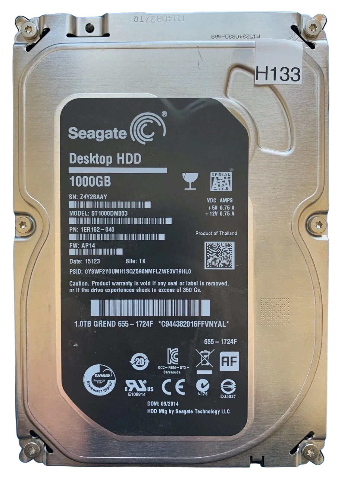 ST1000DM003 – 100724095 REV A – S/N: Z4Y2BAAY – P/N: 1ER162-040 – F/W: AP14 – Site: TK – Date: 15123 – 1TB – 3.5" – SATA