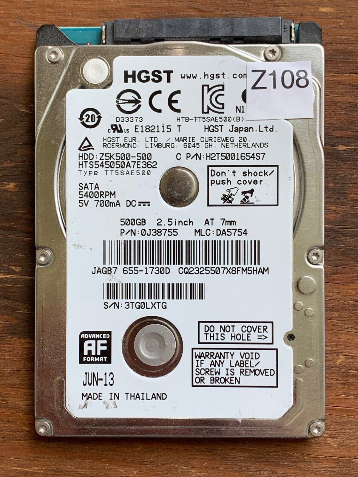 HTS545050A7E3S2 – 0J24193 DA5071 – HDD:Z5K500-500 – TT5SAE500 – DA5754 – P/N: 0J38755 – 500GB – 2.5" – SATA