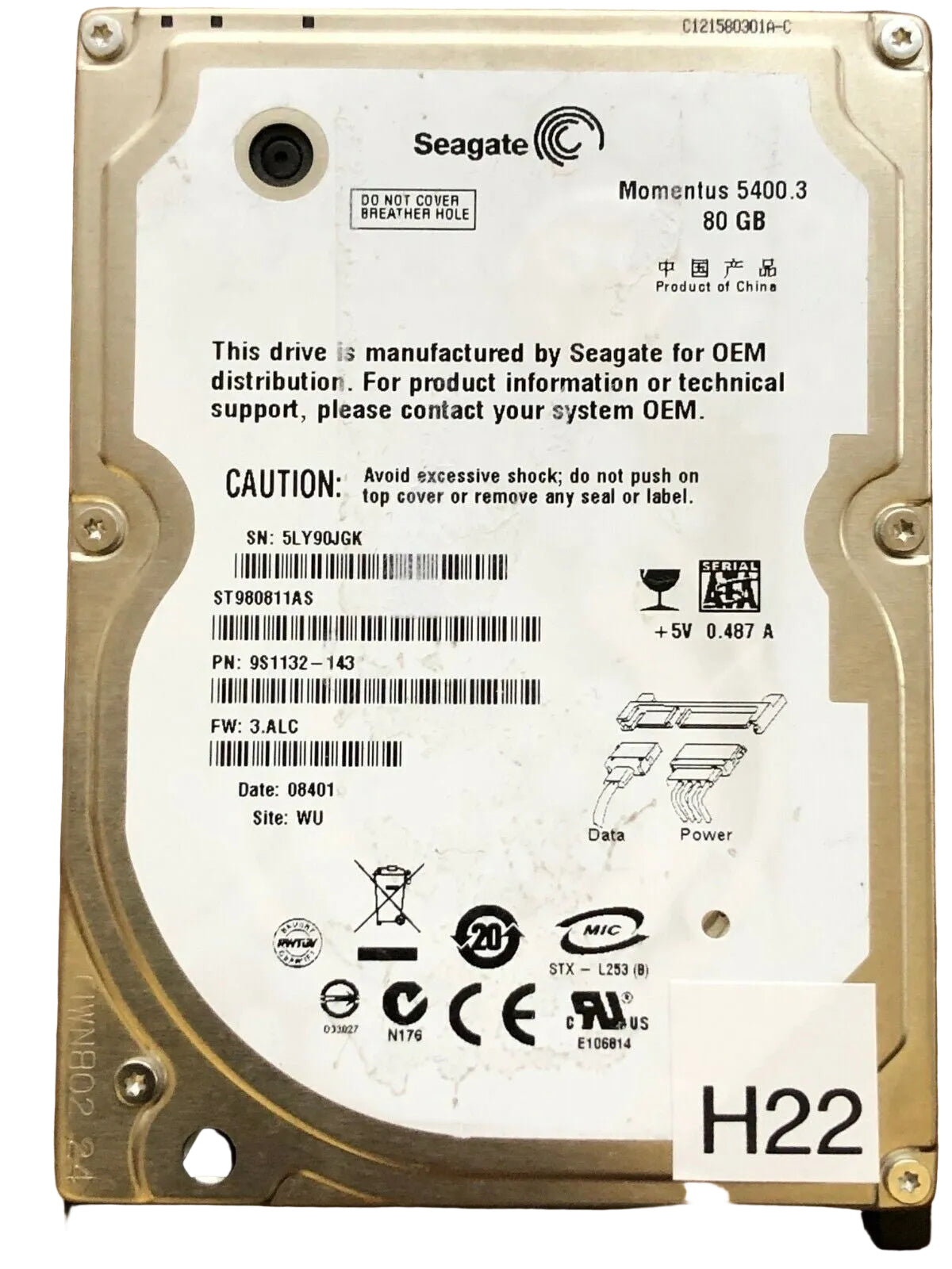 ST980811AS – 100398689 Rev A – 9S1132-143 – 80 GB – 2.5" – SATA