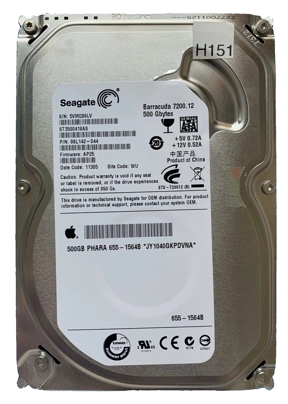 ST3500418AS – 100535704 REV C – S/N: 5VMQ86LV – P/N: 9SL142-044 – F/W: AP25 – Site: WU – Date: 11305 – 500GB – 3.5" – SATA