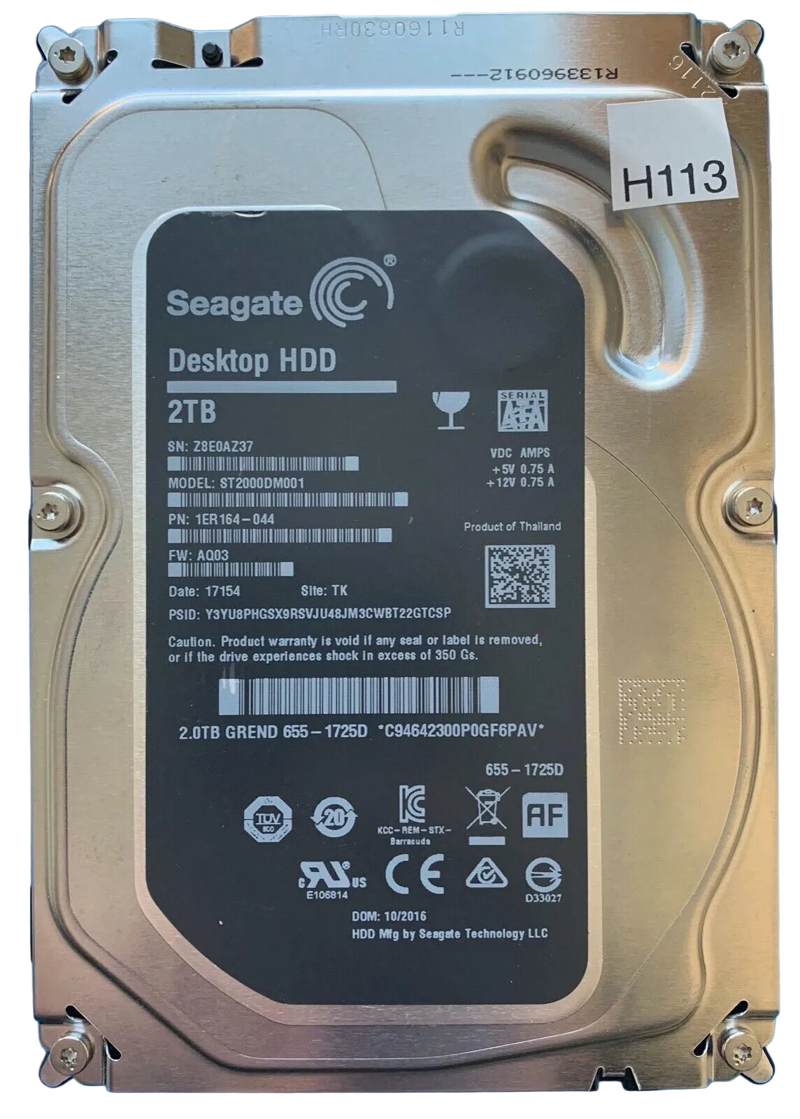 ST2000DM001 – 100762568 REV A – S/N: Z8E0AZ37 – P/N: 1ER164-044 – F/W: AQ03 – Site: TK – Date: 17154 – 2TB – 3.5" – SATA