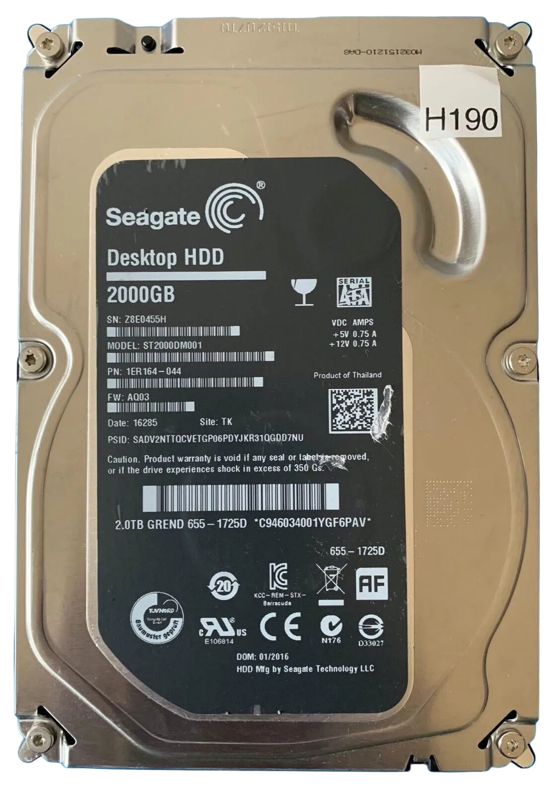 ST2000DM001 – 100762568 Rev A – S/N: Z8E0455H – P/N: 1ER164-044 – F/W: AQ03 – Site: TK – Date: 16285 – 2TB – 3.5" – SATA