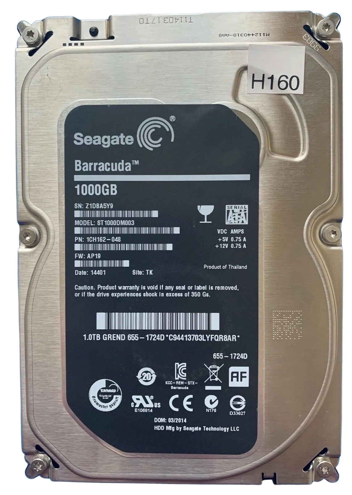 ST1000DM003 – 100717520 Rev B – S/N: Z1DBA5Y9 – P/N: 1CH162-048 – F/W: AP19 – Site: TK – Date: 14401 – 1TB – 3.5" – SATA