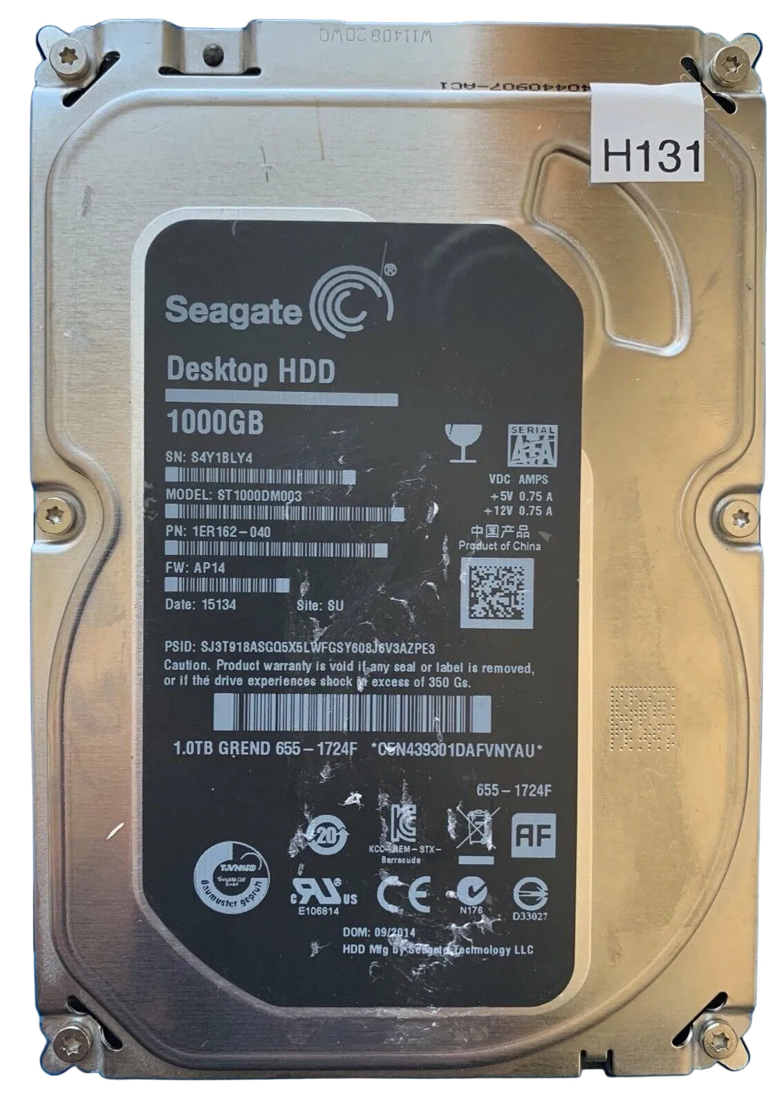 ST1000DM003 – 100724095 Rev B – S/N: S4Y1BLY4 – P/N: 1ER162-040 – F/W: AP14 – Site: SU – Date: 15134 – 1TB – 3.5" – SATA