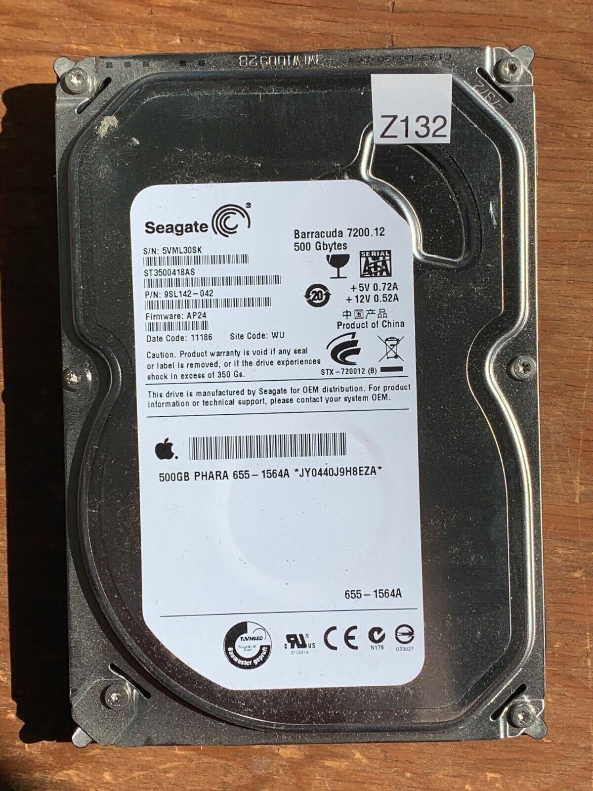 ST3500418AS – S/N: 5VML30SK – P/N: 9SL142-042 – F/W: AP24 – Site: WU – Date: 11186 – 500GB – 3.5" – SATA
