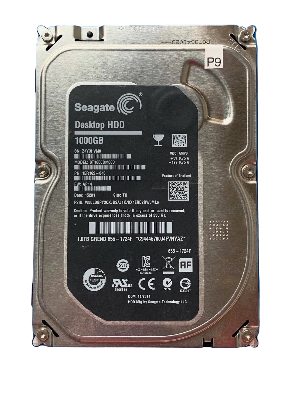 ST1000DM003 – 100724095 REV A – S/N: Z4Y3HVM0 – P/N: 1ER162-040 – F/W: AP14 – Site: TK – Date: 15201 – 1TB – 3.5" – SATA