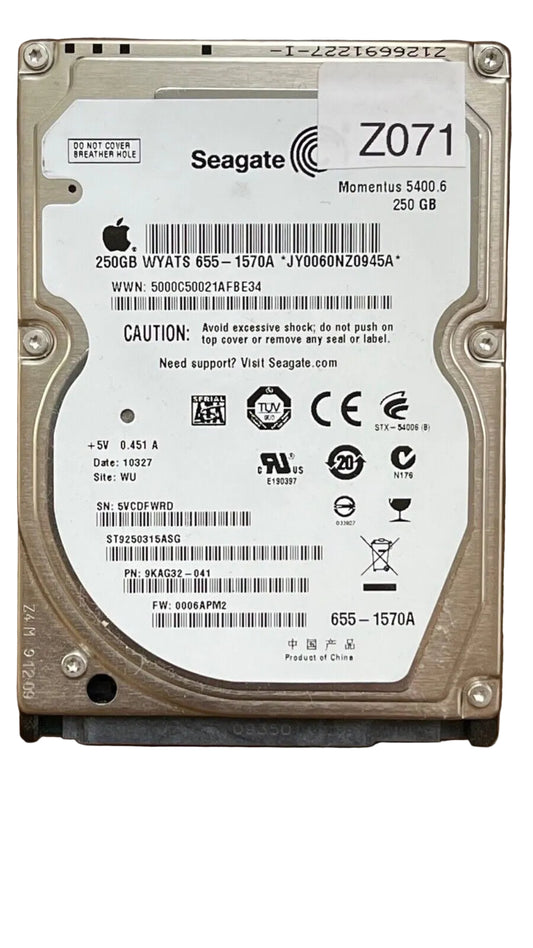 ST9250315ASG – 100537192 Rev B – S/N: 5VCDFWRD – P/N: 9KAG32-041 – Site: WU – Date: 10327 – 250GB – 2.5" – SATA