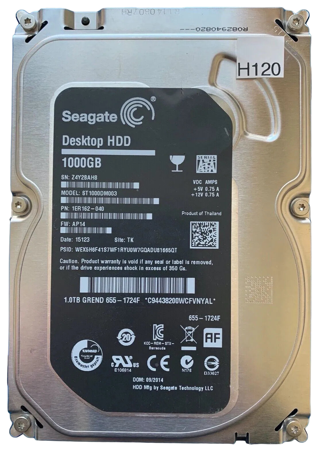 ST1000DM003 – 100724095 REV A – S/N: Z4Y2BAH8 – P/N: 1ER162-040 – F/W: AP14 – Site: TK – Date: 15123 – 1TB – 3.5" – SATA