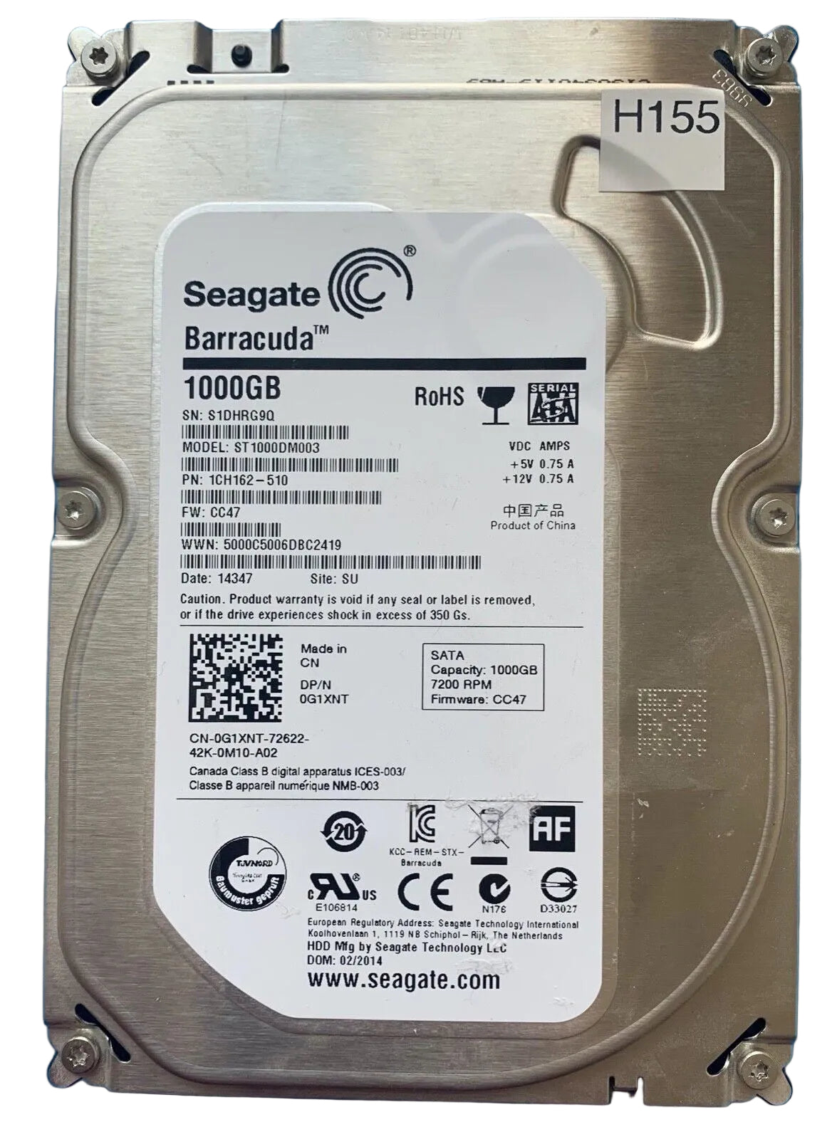 ST1000DM003 – 100717520 Rev B – S/N: S1DHRG9Q – P/N: 1CH162-510 – F/W: CC47 – Site: SU – Date: 14347 – 1TB – 3.5" – SATA