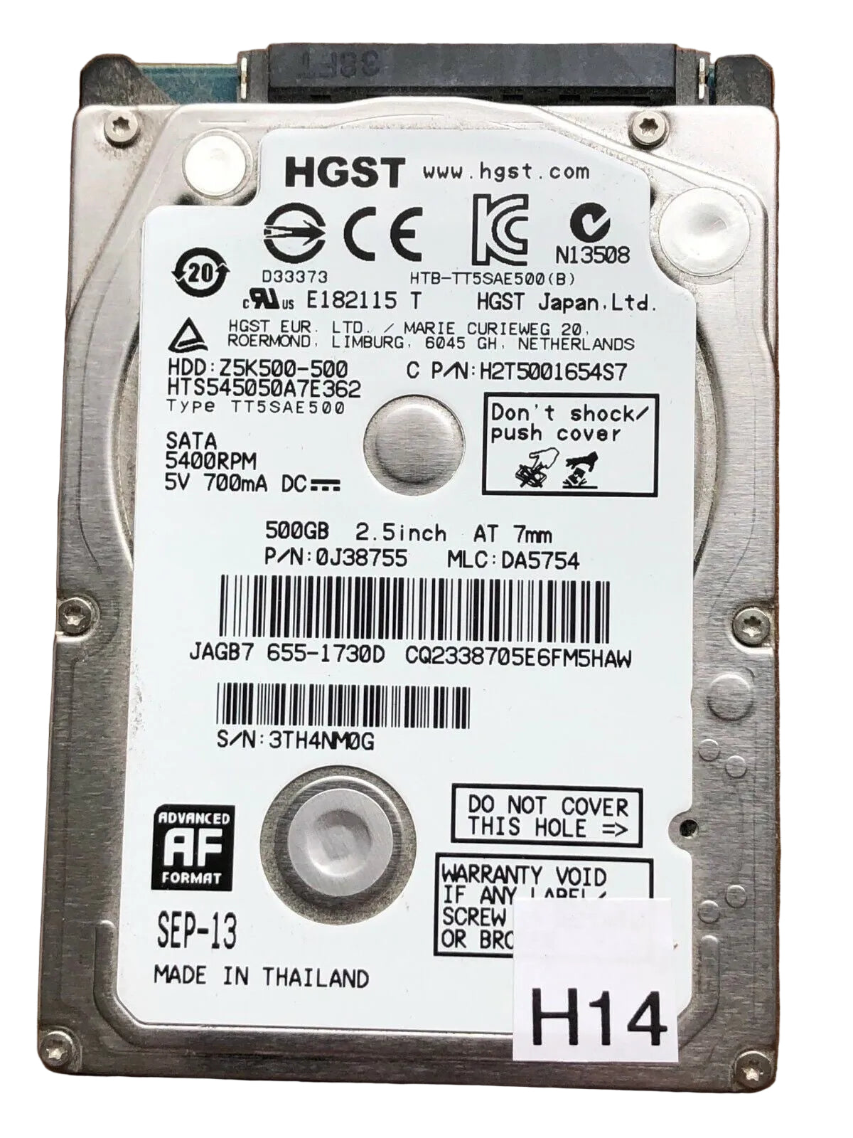 HTS545050A7E362 – 0J24193 DA5071 – HDD:Z5K500-500 – TT5SAE500 – DA5754 – P/N: 0J38755 – 500GB – 2.5" – SATA