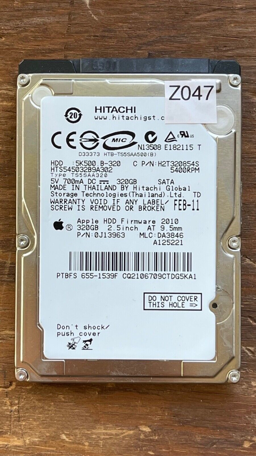 HTS545032B9A302 – 0A58758 DA2740 – HDD:5K500 B-320 – TS5SAA320 – DA3846 – P/N: H2T320854S – 320GB – 2.5" – SATA