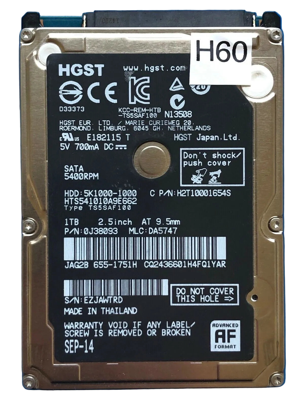 HTS541010A9E662 – 0J24275 DA5092 – HDD:5K1000-1000 – TS5SAF100 – DA5747 – P/N: 0J38093 – 1TB – 2.5inch" – SATA
