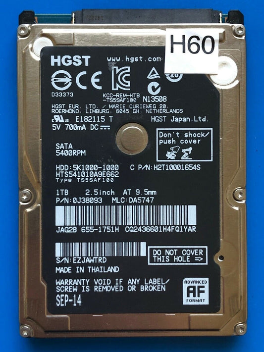 HTS541010A9E662 – 0J24275 DA5092 – HDD:5K1000-1000 – TS5SAF100 – DA5747 – P/N: 0J38093 – 1TB – 2.5inch" – SATA
