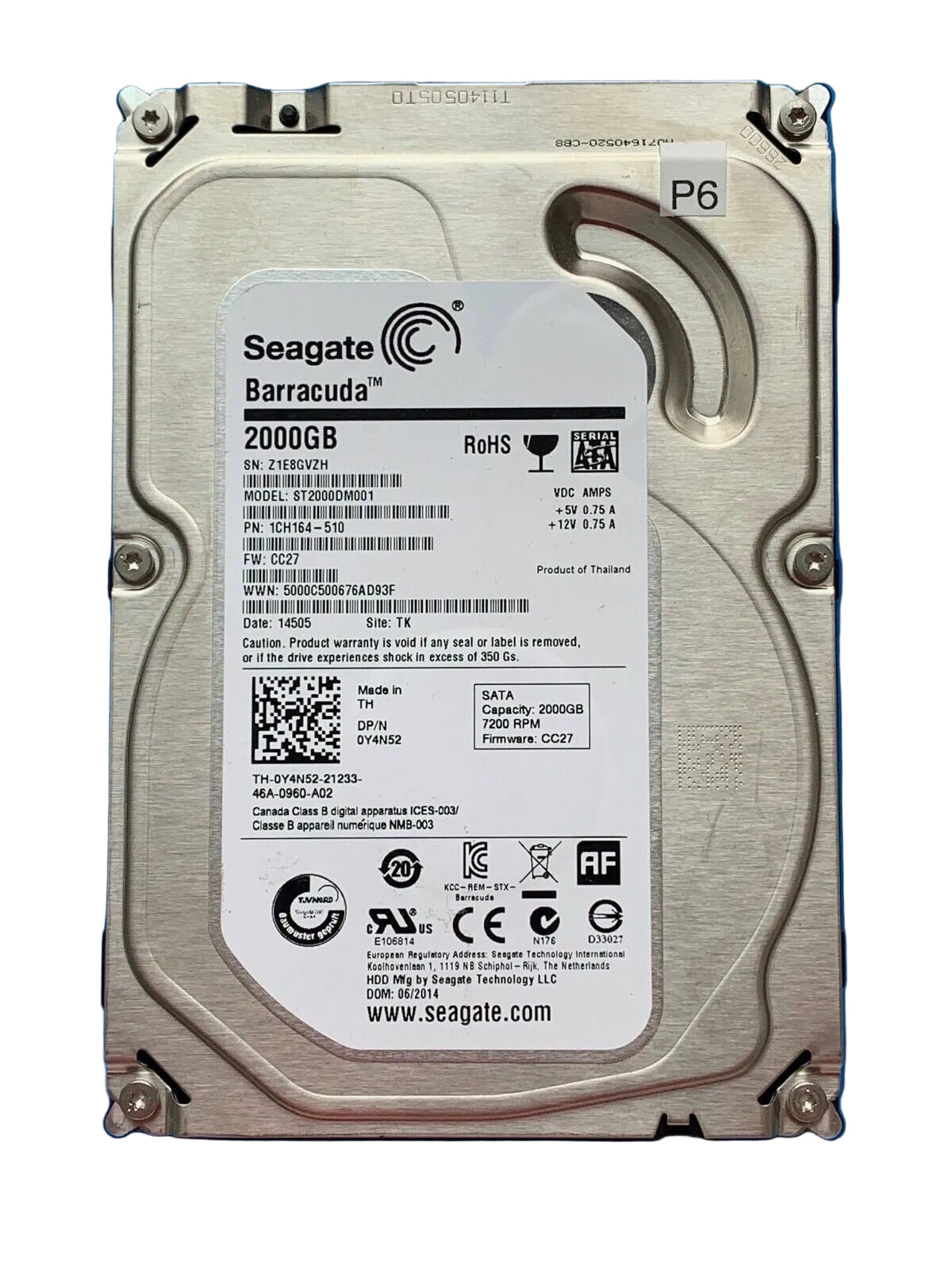 ST2000DM001 – 100717520 Rev B – S/N: Z1E8GVZH – P/N: 1CH164-510 – F/W: CC27 – Site: TK – Date: 14505 – 2TB – 3.5" – SATA