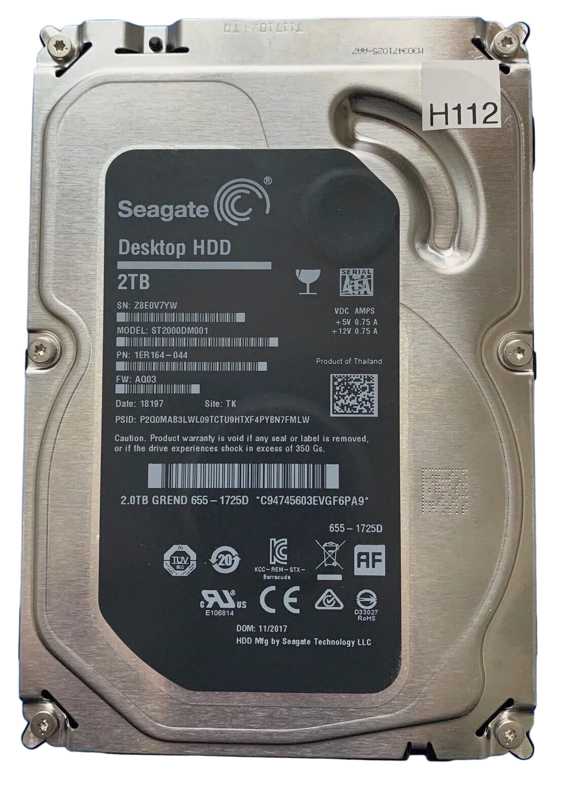 ST2000DM001 – 100762568 REV A – S/N: Z8E0V7YW – P/N: 1ER164-044 – F/W: AQ03 – Site: TK – Date: 18197 – 2TB – 3.5" – SATA