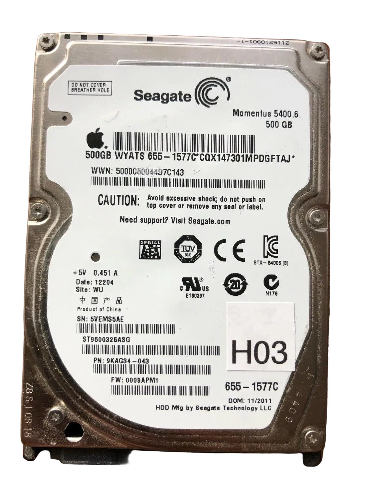 ST9500325ASG – 100565308 Rev A – S/N: 5VEMS5AE – P/N: 9KAG34-043 – F/W: 0009APM1 – Site: WU – Date: 12204 – 500GB – 2.5" – SATA