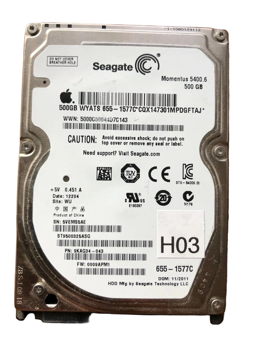 ST9500325ASG – 100565308 Rev A – S/N: 5VEMS5AE – P/N: 9KAG34-043 – F/W: 0009APM1 – Site: WU – Date: 12204 – 500GB – 2.5" – SATA