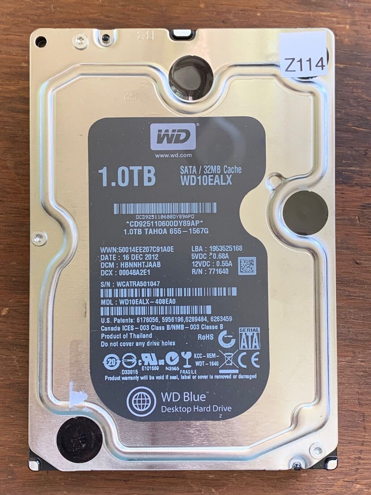 WD10EALX-408EA0 – 2060-771640-005 Rev A – HBNNHTJAAB – 1135-RSHAD 1 H2X16EI – Date: 16 DEC 2012 – 1TB – 3.5" – SATA
