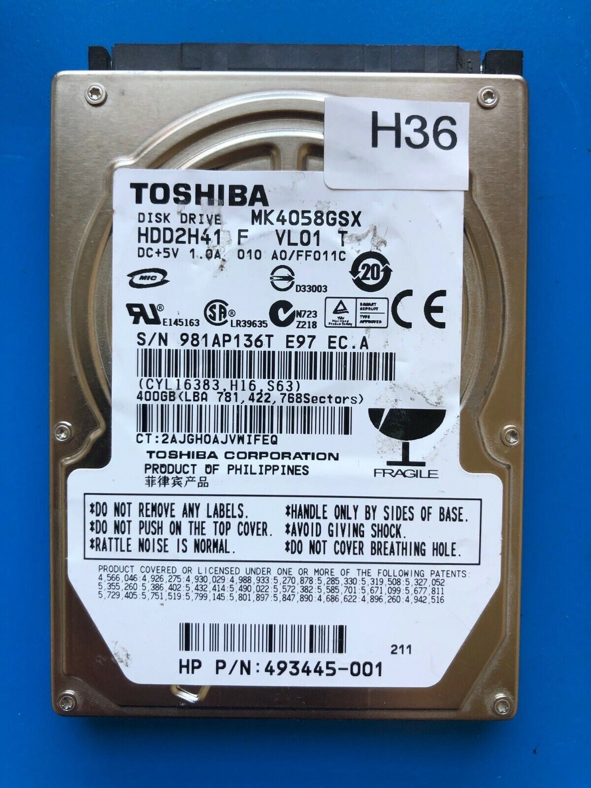 MK4058GSX – G002439-0A – HDD2H41 F VL01 T – A0/FF011C - 400GB – 2.5" – SATA