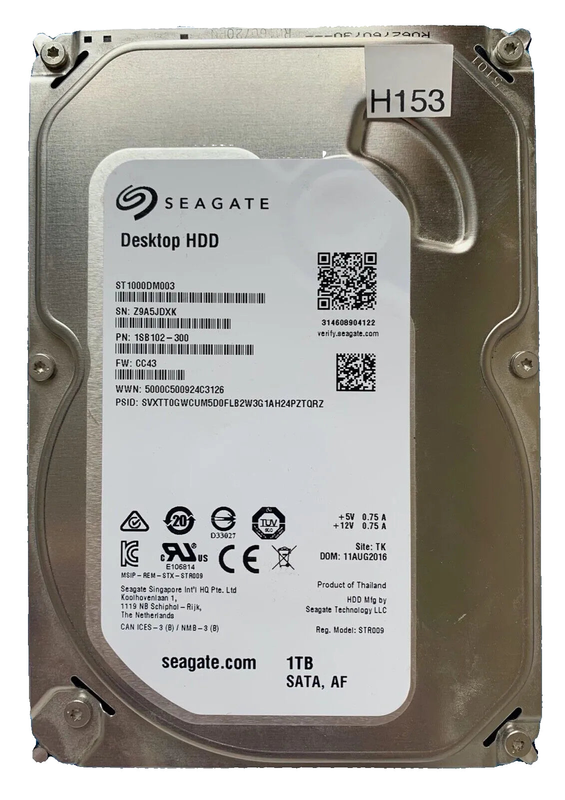 ST1000DM003 – 100774000 REV A – S/N: Z9A5JDXK – P/N: 1SB102-300 – F/W: CC43 – Site: TK – Date: 11AUG2016 – 1TB – 3.5" – SATA
