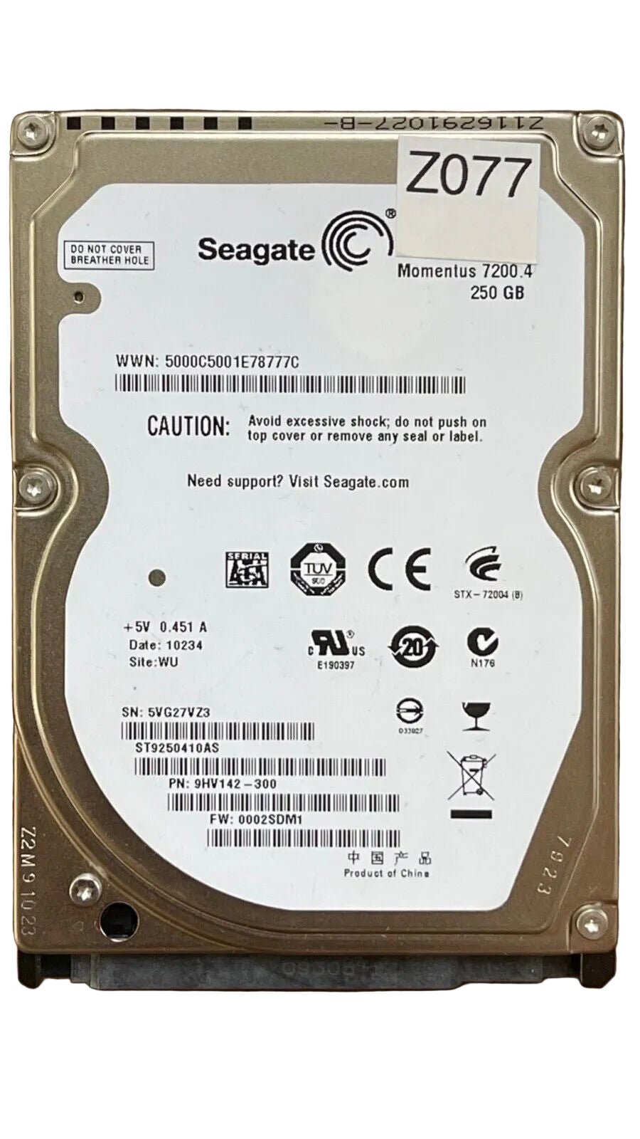 ST9250410AS – 100537087 Rev B – S/N: 5VG27VZ3 – P/N: 9HV142-300 – F/W: 0002SDM1 – Site: WU – Date: 10234 – 250 GB – 2.5" – SATA
