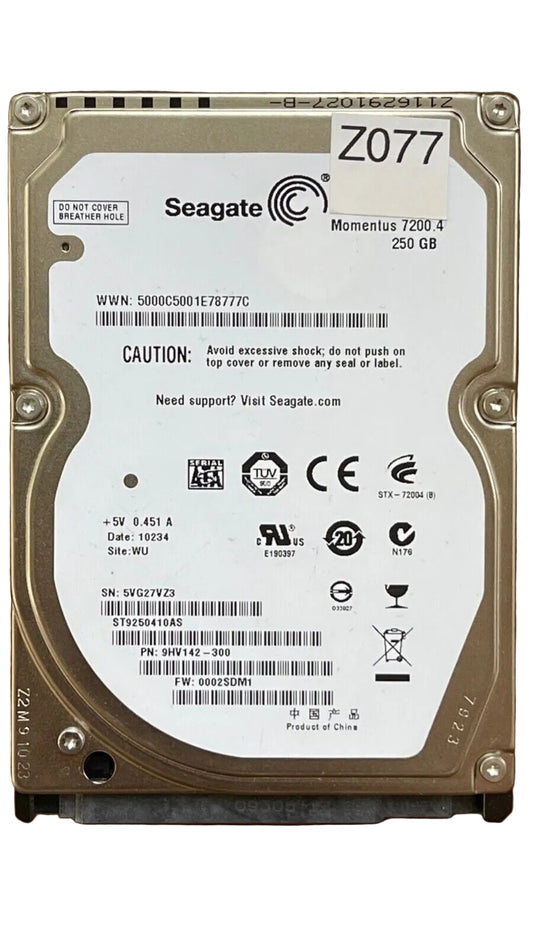 ST9250410AS – 100537087 Rev B – S/N: 5VG27VZ3 – P/N: 9HV142-300 – F/W: 0002SDM1 – Site: WU – Date: 10234 – 250 GB – 2.5" – SATA
