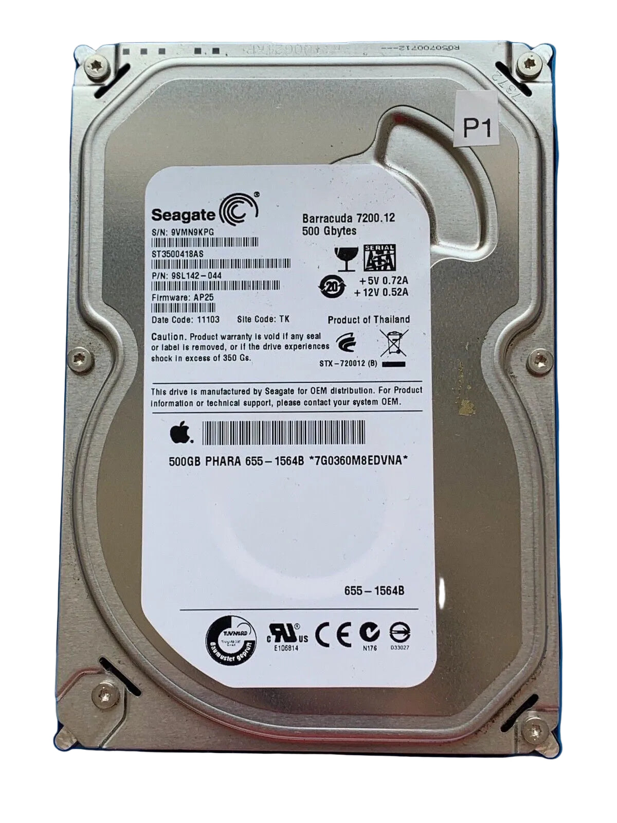 ST3500418AS – 100504364 Rev B – S/N: 9VMN9KPG – P/N: 9SL142-044 – F/W: AP25 – Site: TK – Date: 11103 – 500GB – 3.5" – SATA