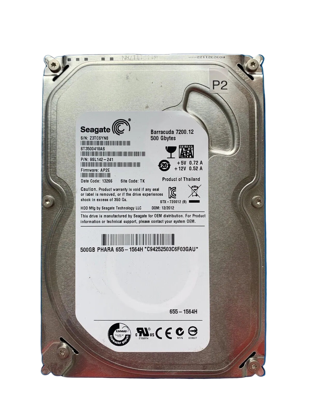 ST3500418AS – S/N: Z3TCSYN8 – P/N: 9SL142-241 – F/W: AP2E – Site: TK – Date: 13266 – 500GB – 3.5" – SATA