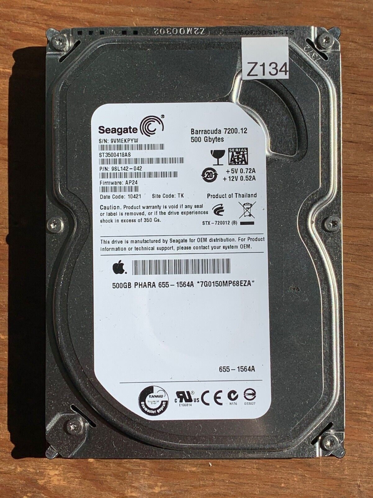 ST3500418AS – 100536501 Rev B – S/N: 9VMEKPYW – P/N: 9SL142-042 – F/W: AP24 – Site: TK – Date: 10421 – 500GB – 3.5" – SATA