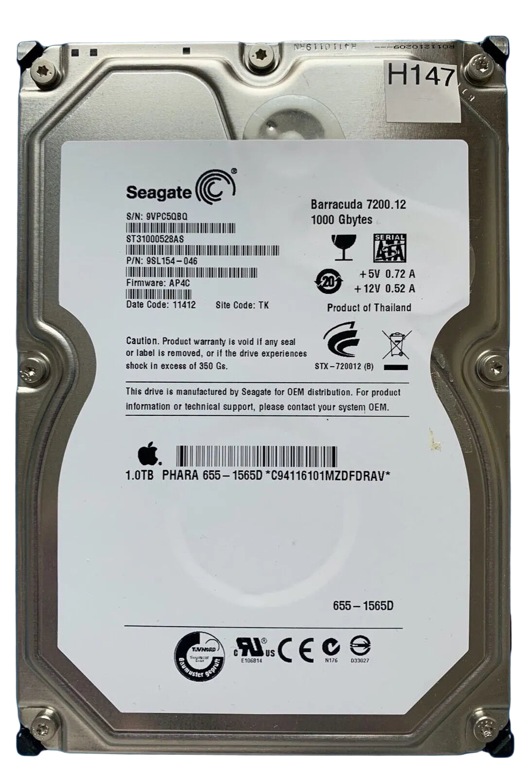 ST31000528AS – 100466817 REV A – S/N: 9VPC5QBQ – P/N: 9SL154-046 – F/W: AP4C – Site: TK – Date: 11412 – 1TB – 3.5" – SATA