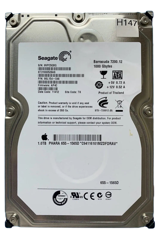 ST31000528AS – 100466817 REV A – S/N: 9VPC5QBQ – P/N: 9SL154-046 – F/W: AP4C – Site: TK – Date: 11412 – 1TB – 3.5" – SATA