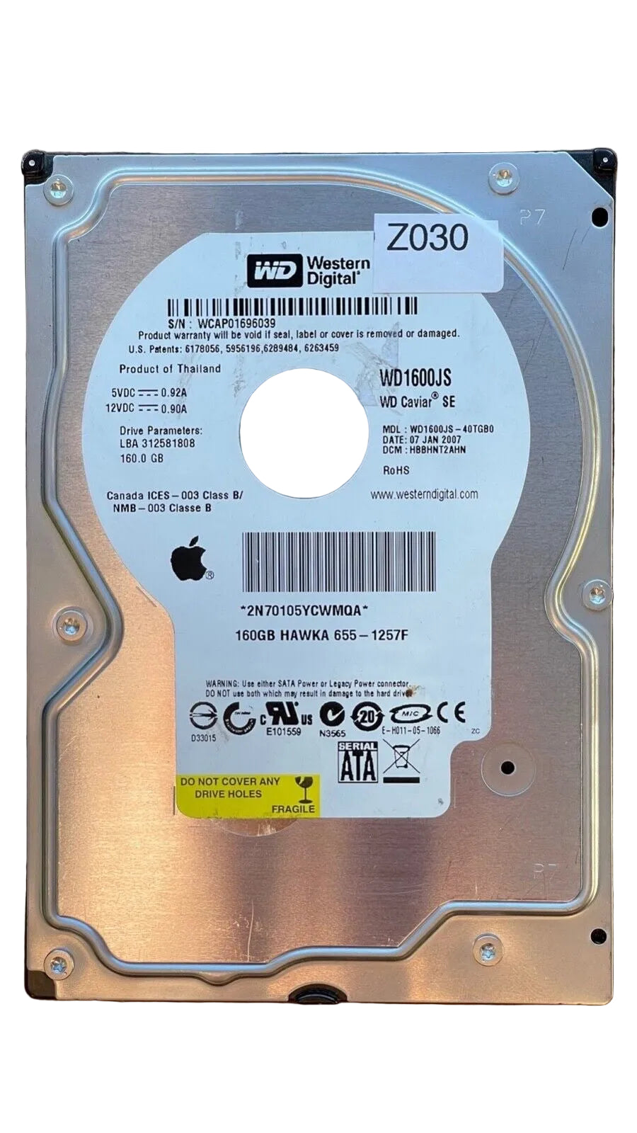 WD1600JS-40TGB0 – 2060-701335-005 Rev A – HBBHNT2AHN – Date: 07 JAN 2007 – 160.0 GB – 3.5" – SATA