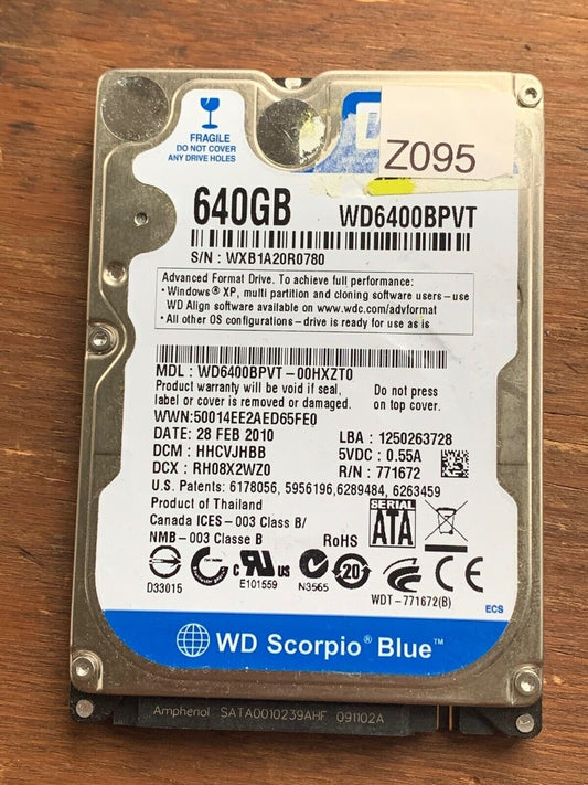 WD6400BPVT-00HXZT0, DCM: HHCVJHBB, Western Digital 640GB SATA 2.5 Hard Drive