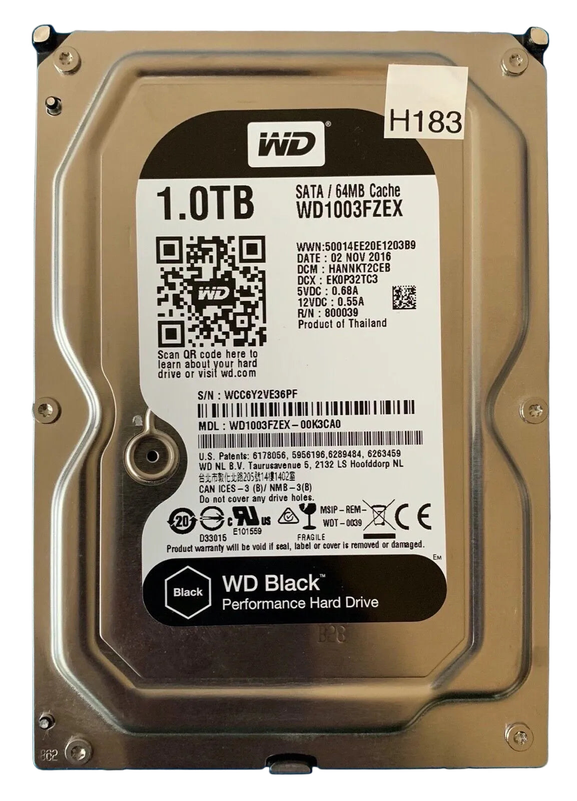 WD1003FZEX-00K3CA0 – 2060-800039-001 Rev P1 – HANNKT2CEB – 1286TBRRE B6 R6X01X – Date: 02 NOV 2016 – 1TB – 3.5" – SATA