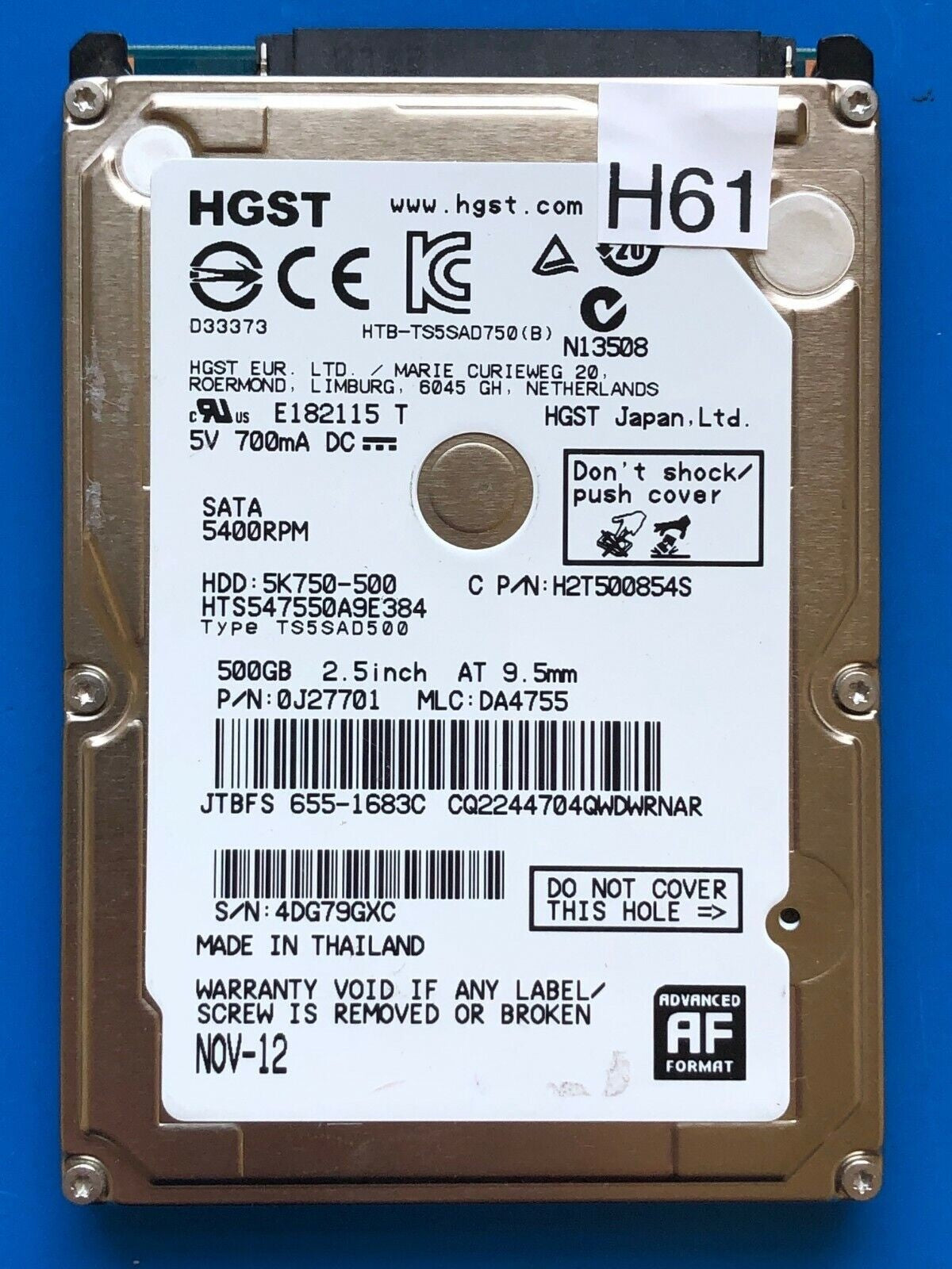 HTS545050A9E384 – 0J11459 DA4726 – HDD:5K750-500 – TS5SAD500 – DA4755 – P/N: 0J27701 – 500GB – 2.5" – SATA