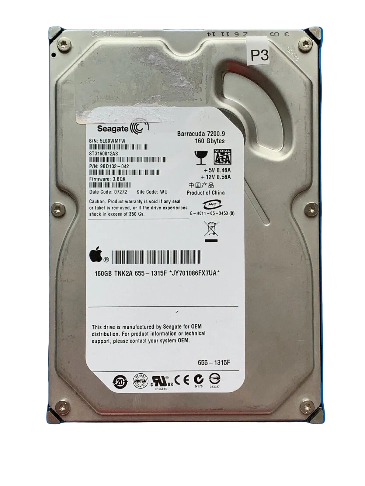 ST3160812AS – 100387565 Rev C – S/N: 5LS9WMFW – P/N: 9BD132-042 – F/W: 3.BQK – Site: WU – Date: 07272 – 160GB – 3.5" – SATA