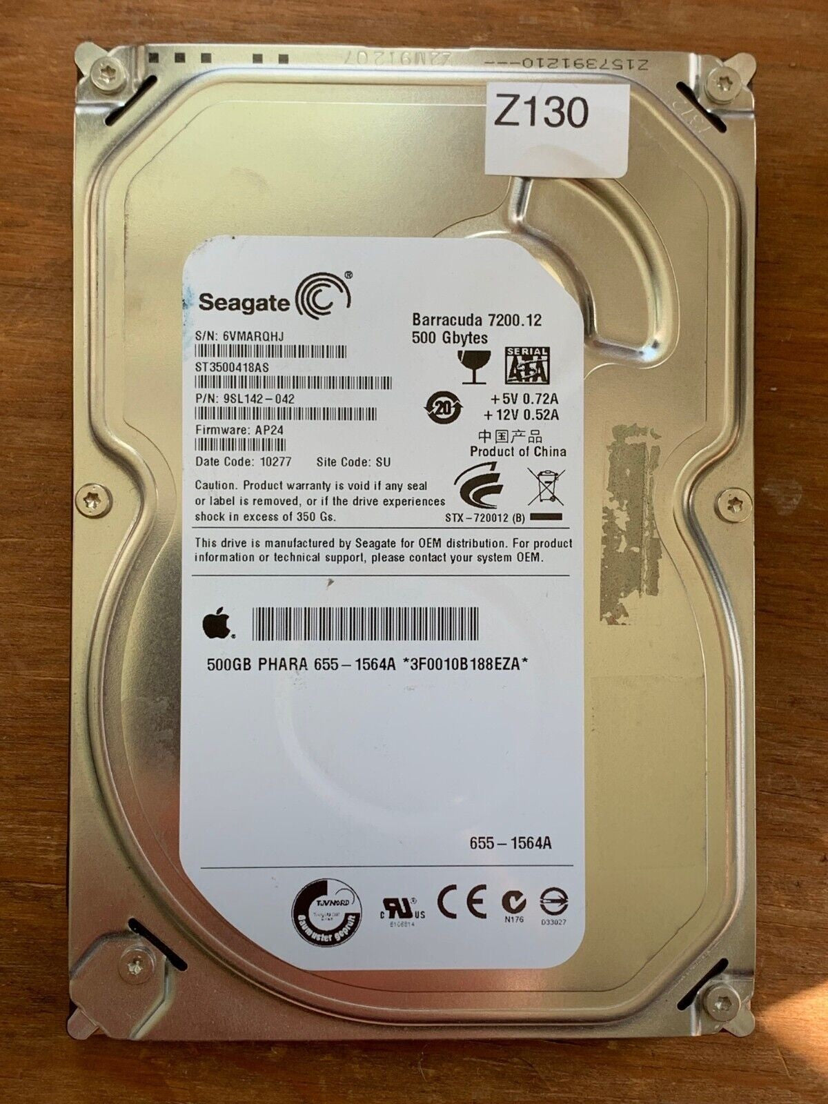 ST3500418AS – 100535704 REV B – S/N: 6VMARQHJ – P/N: 9SL142-042 – F/W: AP24 – Site: SU – Date: 10277 – 500GB – 3.5" – SATA
