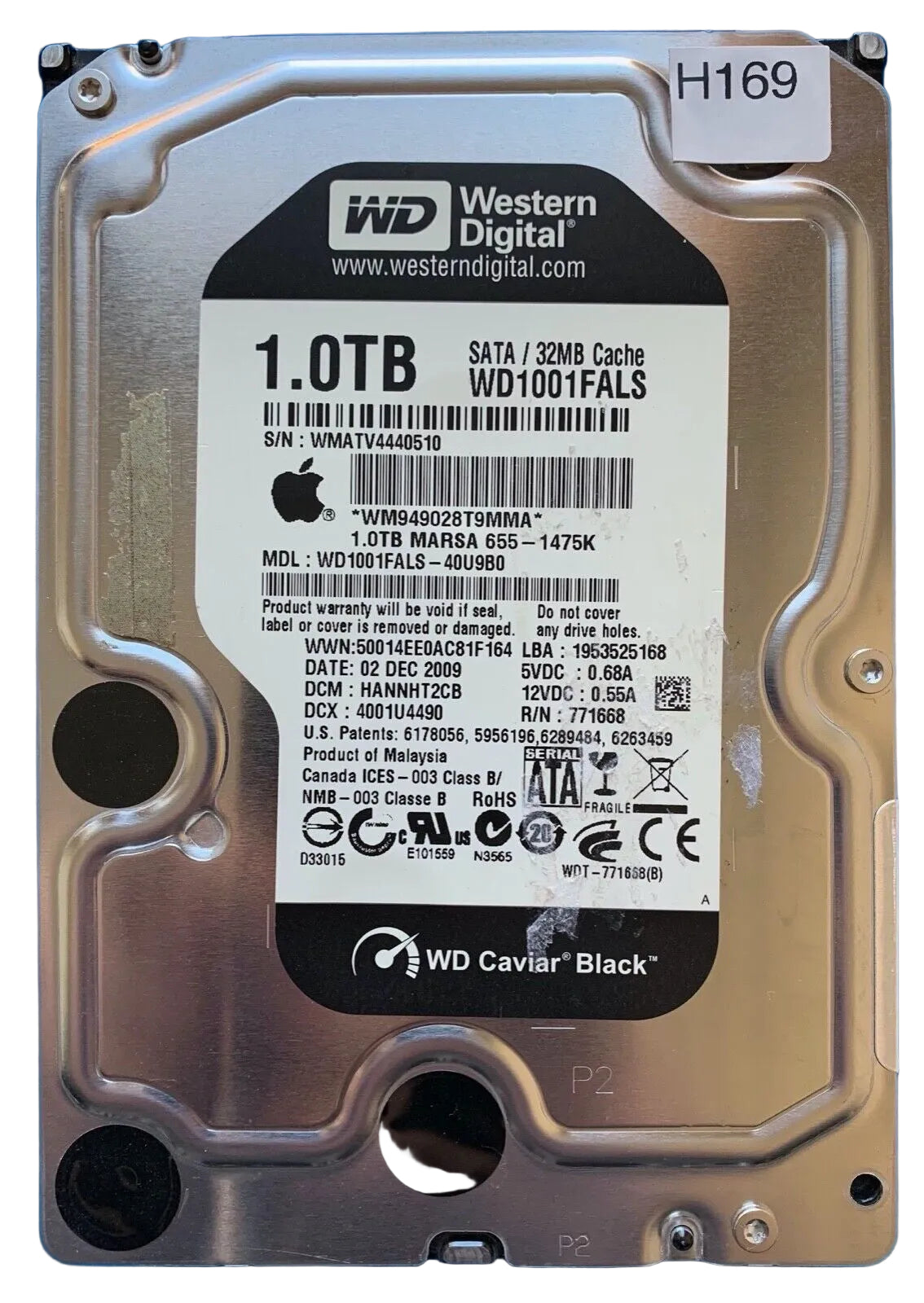 WD1001FALS-40U9B0 – 2060-771668-800 REV P1 – HANNHT2CB – 1138 RGFAD CT9Y12 CF – 1TB – 3.5" – SATA
