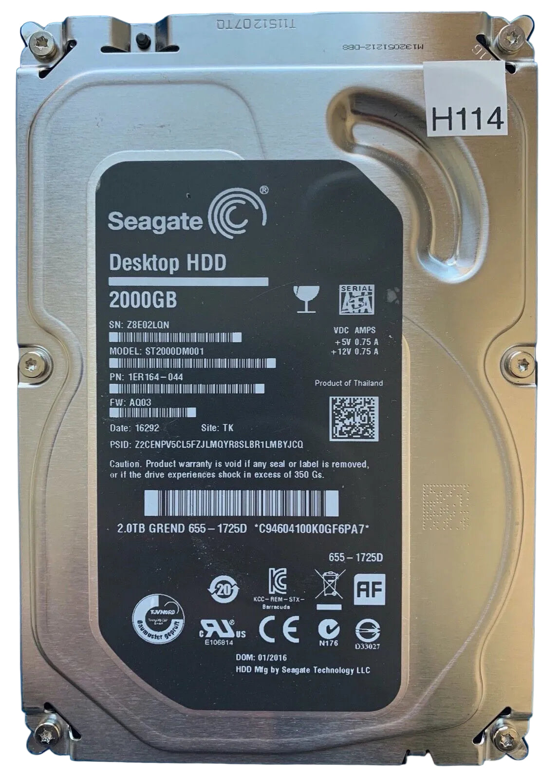 ST2000DM001 – 100762568 Rev A – S/N: Z8E02LQN – P/N: 1ER164-044 – F/W: AQ03 – Site: TK – Date: 16292 – 2TB – 3.5" – SATA