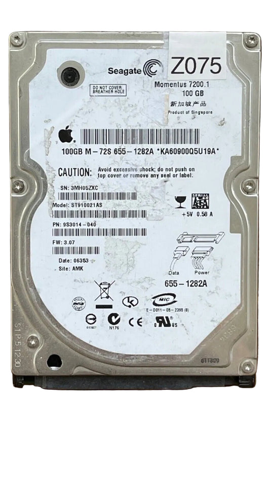 ST910021AS – 100349359 Rev B – S/N: 3MH05ZXC – P/N: 9S3014-040 – F/W: 3.07 – Site: AMK – Date: 06353 – 100GB – 2.5" – SATA