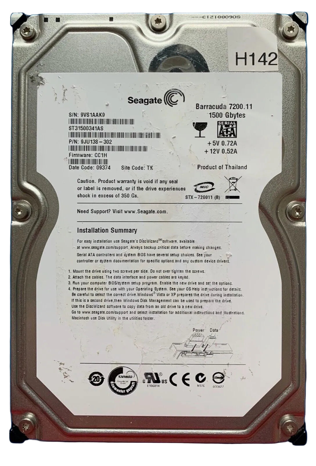 ST31500341AS – 100530756 Rev A – S/N: 9VS1AAK9 – P/N: 9JU138-302 – F/W: CC1H – Site: TK – Date: 09374 – 1.5TB – 3.5" – SATA