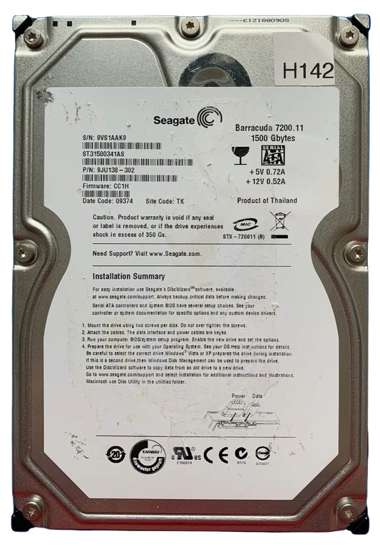 ST31500341AS – 100530756 Rev A – S/N: 9VS1AAK9 – P/N: 9JU138-302 – F/W: CC1H – Site: TK – Date: 09374 – 1.5TB – 3.5" – SATA